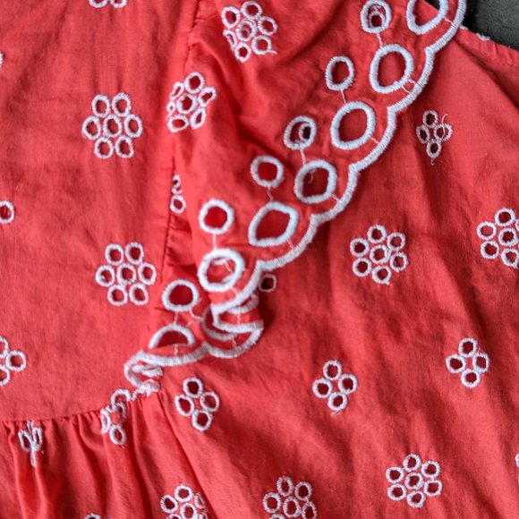 LOFT Coral Red Floral Eyelet Embroidery Ruffle Flutter V-Neck Blouse small - Picture 4 of 8